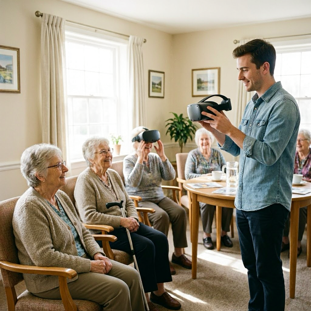 Residents enjoying a VR session in a sunlit common area