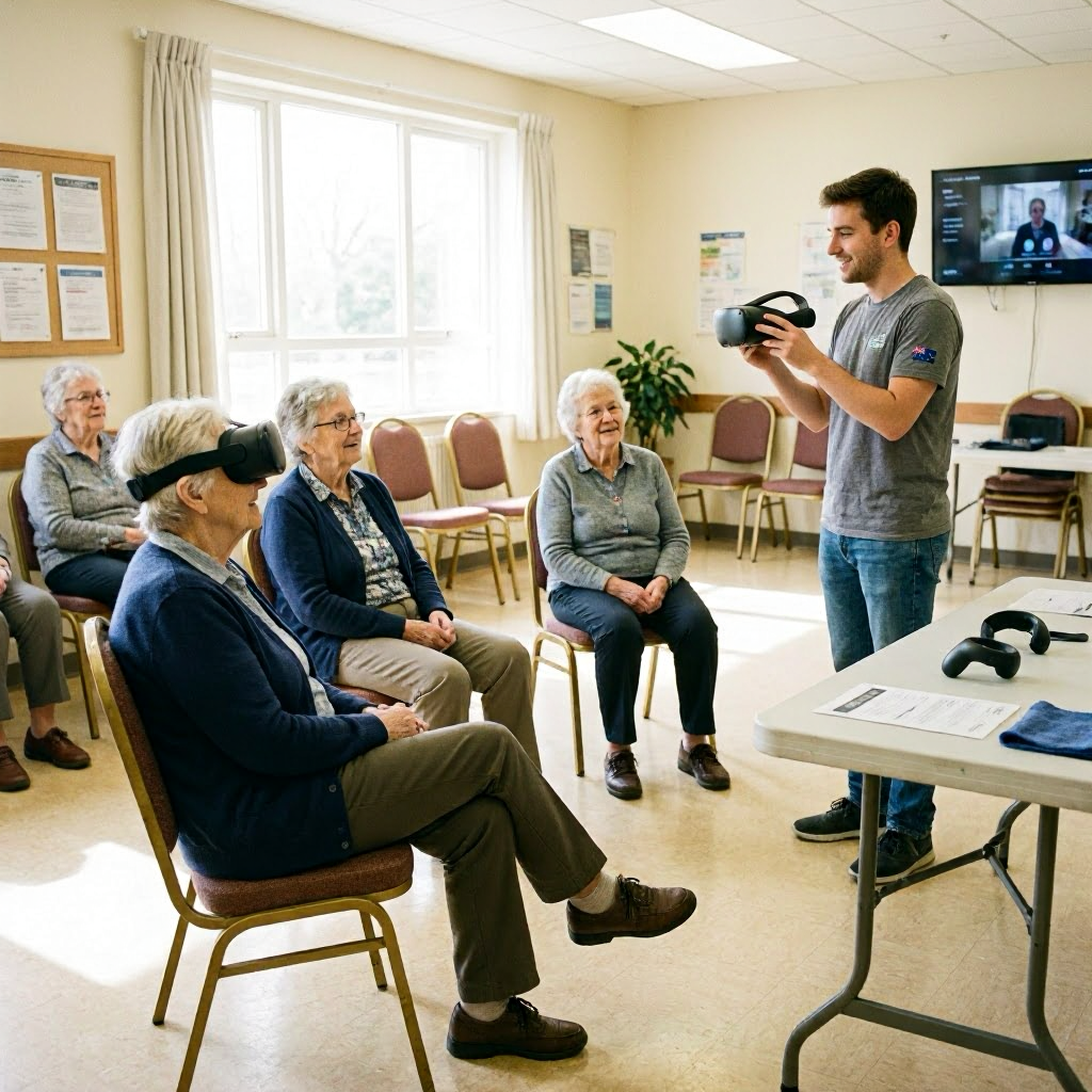 Facilitator demonstrating a VR headset to a group of seated residents