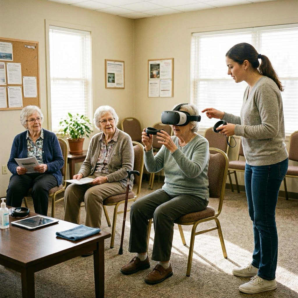 Staff member guiding a seated resident using VR controllers while others observe