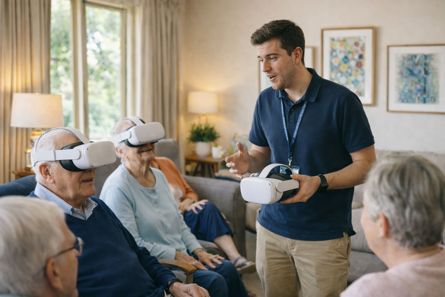 Several residents wearing VR headsets with a staff member guiding the session